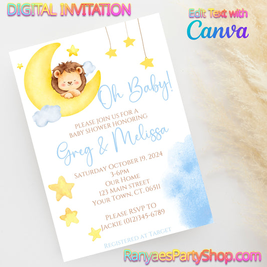 Oh Baby Lion 5x7 Digital Invitation | Oh Baby Lion Baby Shower Invite | Edit Text with Canva | Lion Baby Shower | Digital File Only