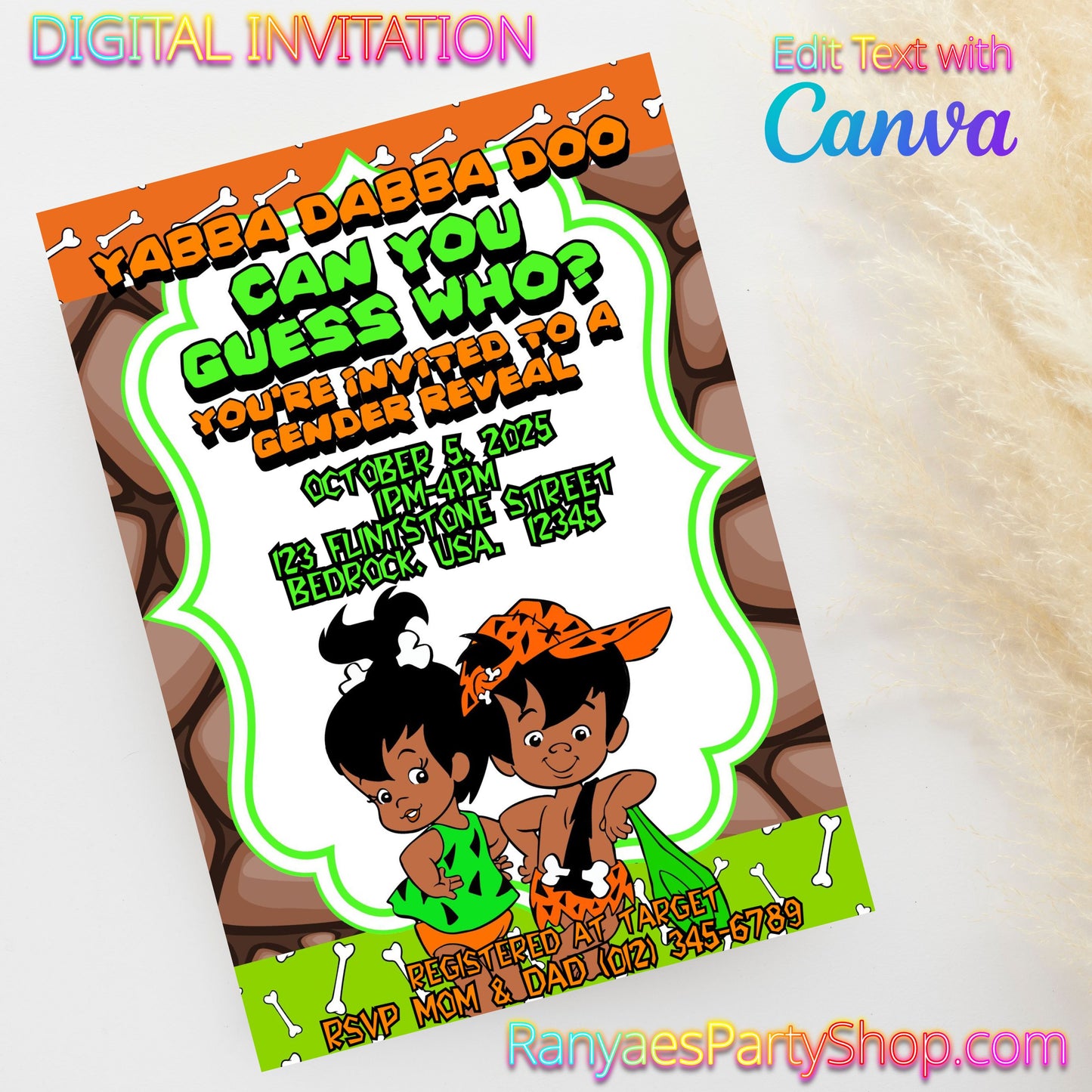 African American Bam Bam or Pebbles 5x7 Digital Invitation | Gender Reveal Invitation | AA Bam Bam or Pebbles | Edit Text with Canva | Digital File Only