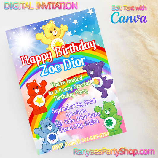 Care Bear 5x7 Digital Invitation | Care Bears Baby Shower Invite | Care Bears Birthday Invitation | Edit Text with Canva | Digital File Only