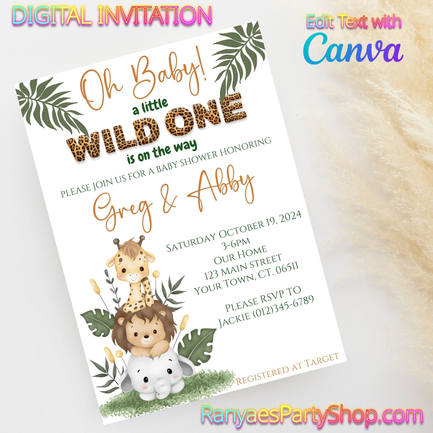 Oh Baby Safari 5x7 Digital Invitation | Safari Wild One Baby Shower Invite | Edit Text with Canva | Digital File Only