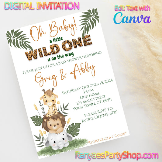 Oh Baby Safari 5x7 Digital Invitation | Safari Wild One Baby Shower Invite | Edit Text with Canva | Digital File Only