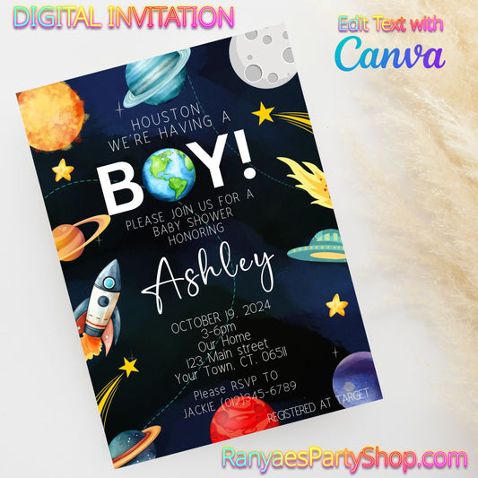 Houston We Have A Boy 5x7 Digital Invitation | Outer Space Baby Shower Invite | Edit Text with Canva| Digital File Only