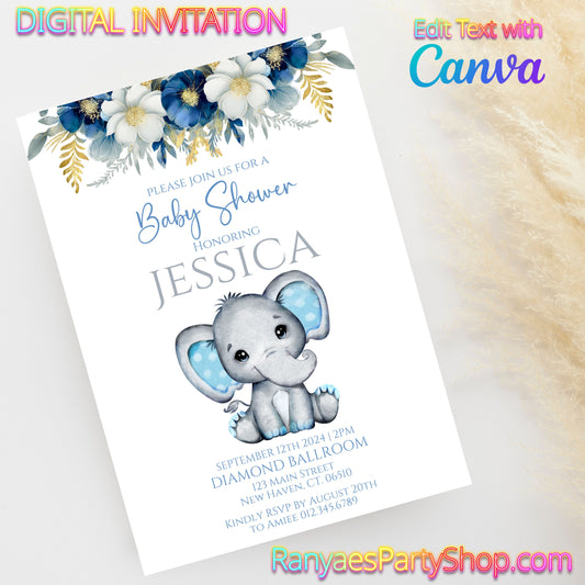 Elephant Baby Shower 5x7 Digital Invitation | Elephant Baby Shower | Edit Text with Canva | Baby Shower Invitation | Digital File Only