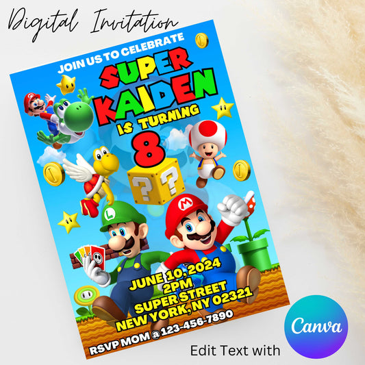 Super Mario 5x7 Digital Invitation | Editable Text with  Canva | You Save | You Download | You Print | Digital File Only