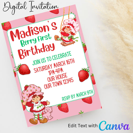 Strawberry Shortcake 5x7 Digital Invitation | Editable Text with  Canva | You Save | You Download | You Print | Digital File Only