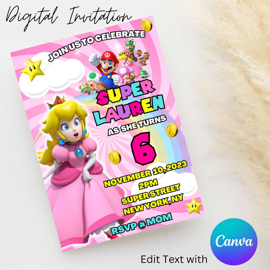 Princess Peach 5x7 Digital Invitation | Editable Text with  Canva | You Save | You Download | You Print | Digital File Only
