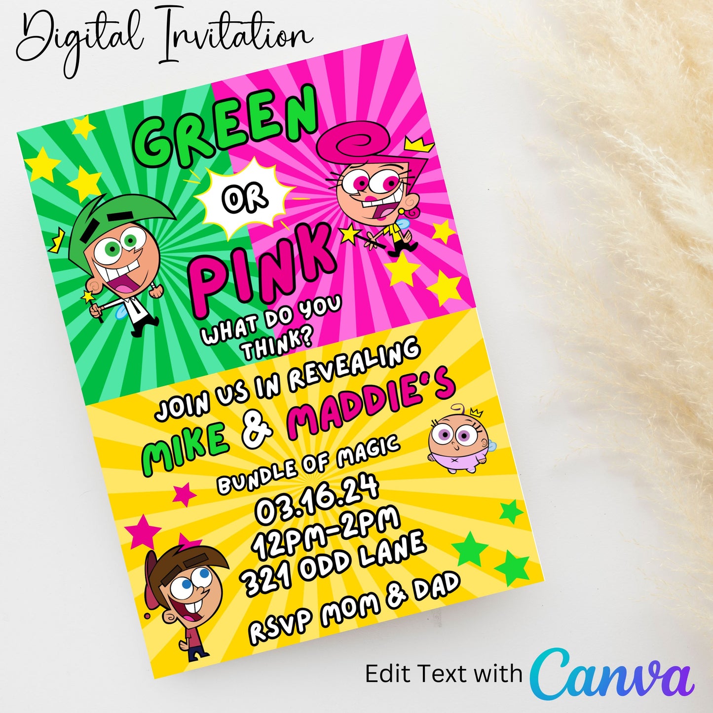Cosmo or Wanda 5x7 Digital Invitation | Editable Text with  Canva | You Save | You Download | You Print | Digital File Only