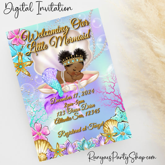 African American Mermaid Baby Shower 5x7 Digital Invitation | Mermaid Baby Shower Invite | Mermaid Baby Shower | Digital File Only