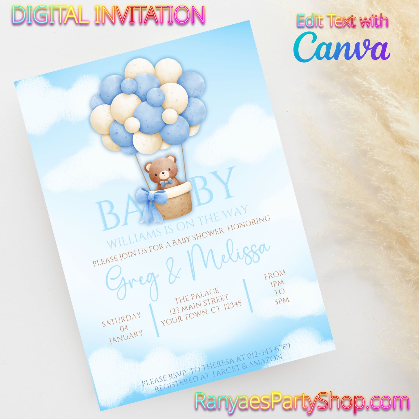 Teddy Bear 5x7 Digital Invitation | Teddy Bear Baby Shower Invite | Edit Text with Canva | Lion Baby Shower | Digital File Only