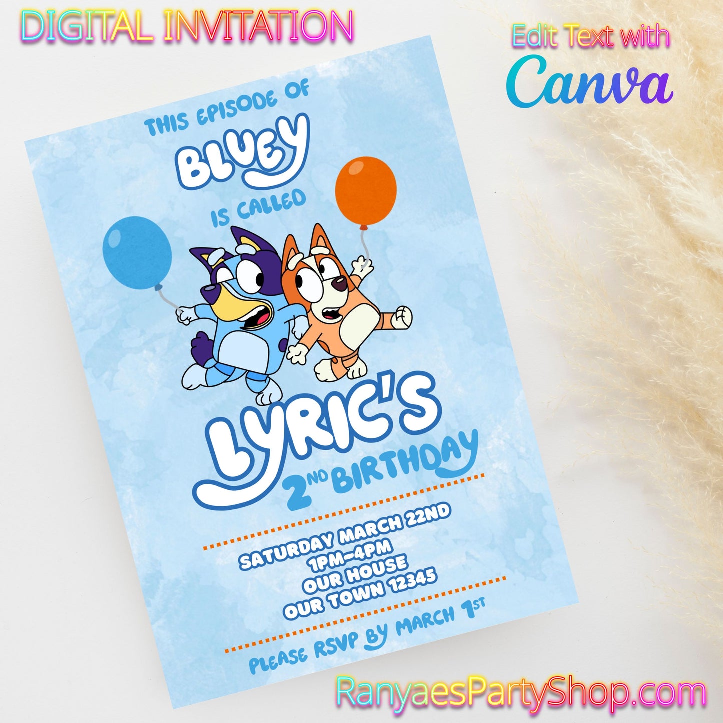 Bluey 5x7 Digital Invitation | Bluey Party Invite | Edit Text with Canva | Birthday Party Invitation | Digital File Only