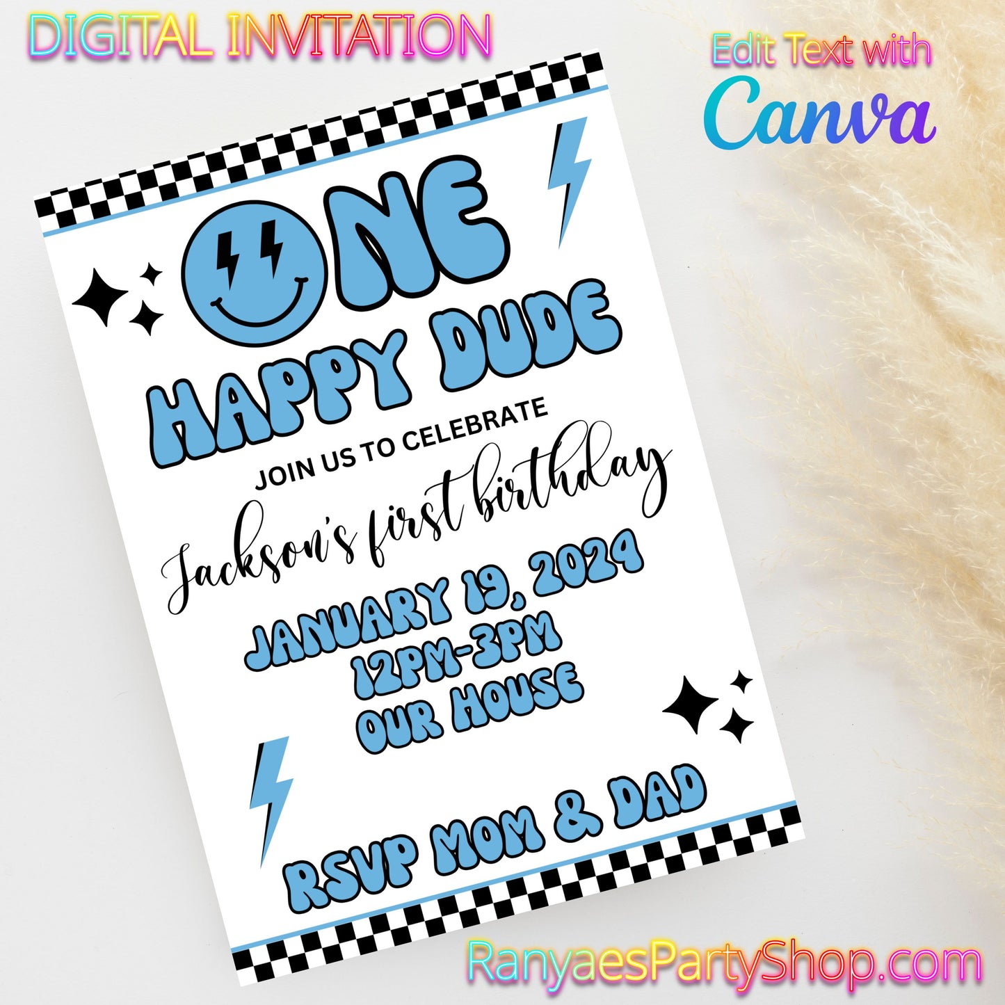 One Happy Dude 5x7 Digital Invitation | Happy Dude Party Invite | Edit Text with Canva | Birthday Party Invitation | Digital File Only