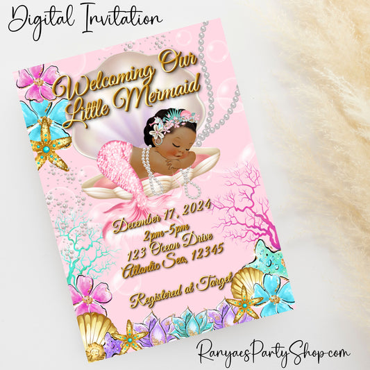 African American Mermaid Baby Shower 5x7 Digital Invitation | Mermaid Baby Shower Invite | Mermaid Baby Shower | Digital File Only