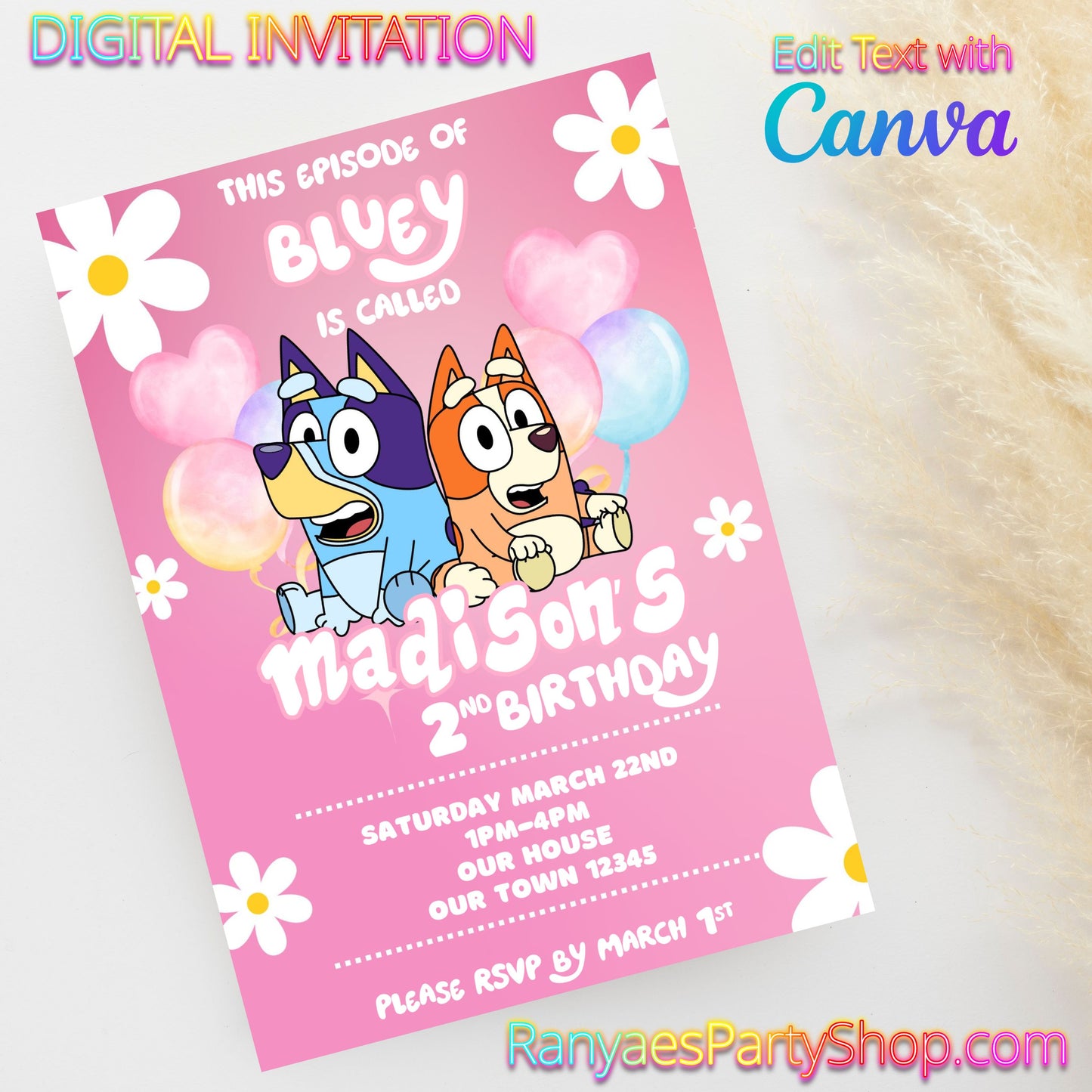 Bluey Pink 5x7 Digital Invitation | Bluey Party Invite | Edit Text with Canva | Birthday Party Invitation | Digital File Only