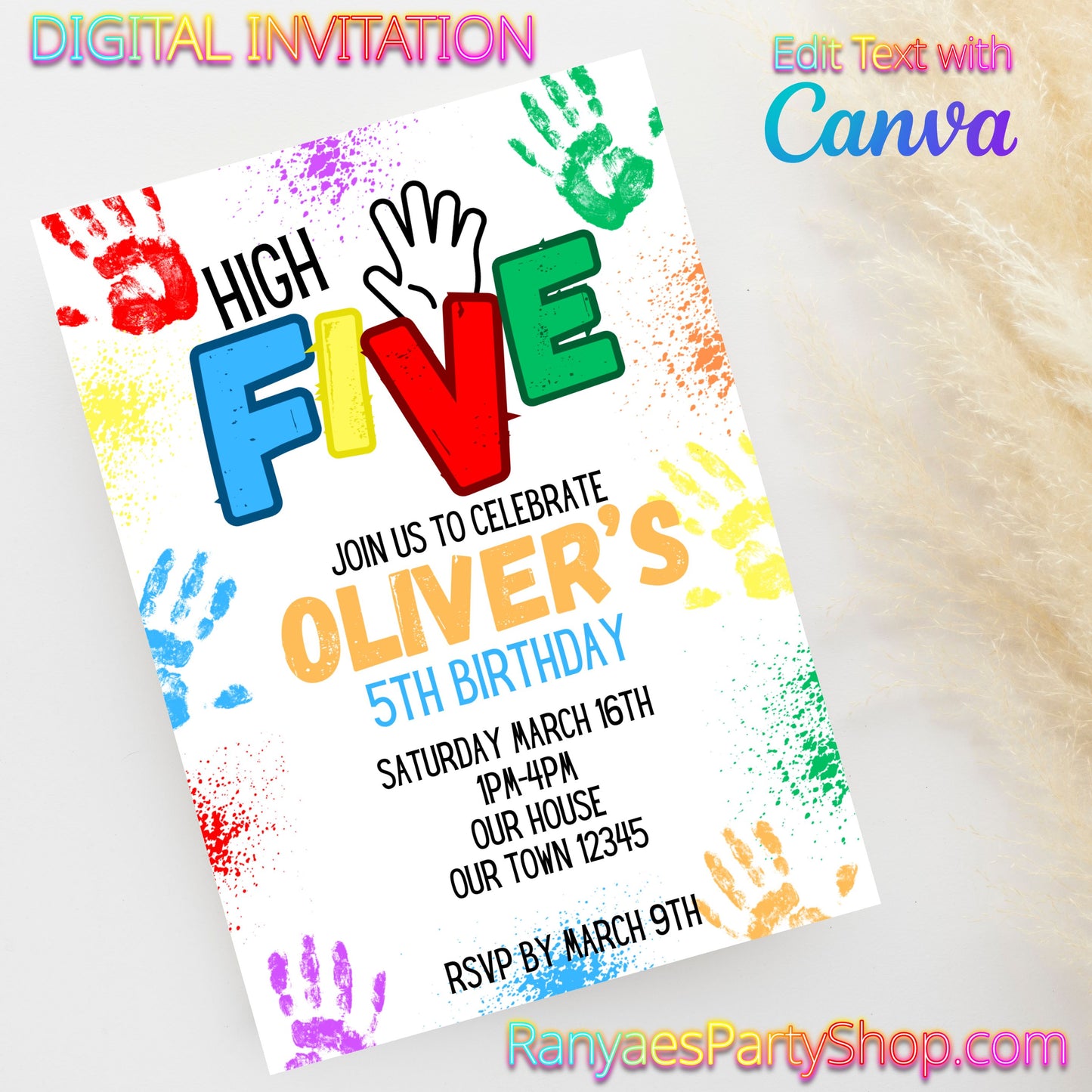 High Five 5x7 Digital Invitation | High 5 Party Invite | Edit Text with Canva | Birthday Party Invitation | Digital File Only