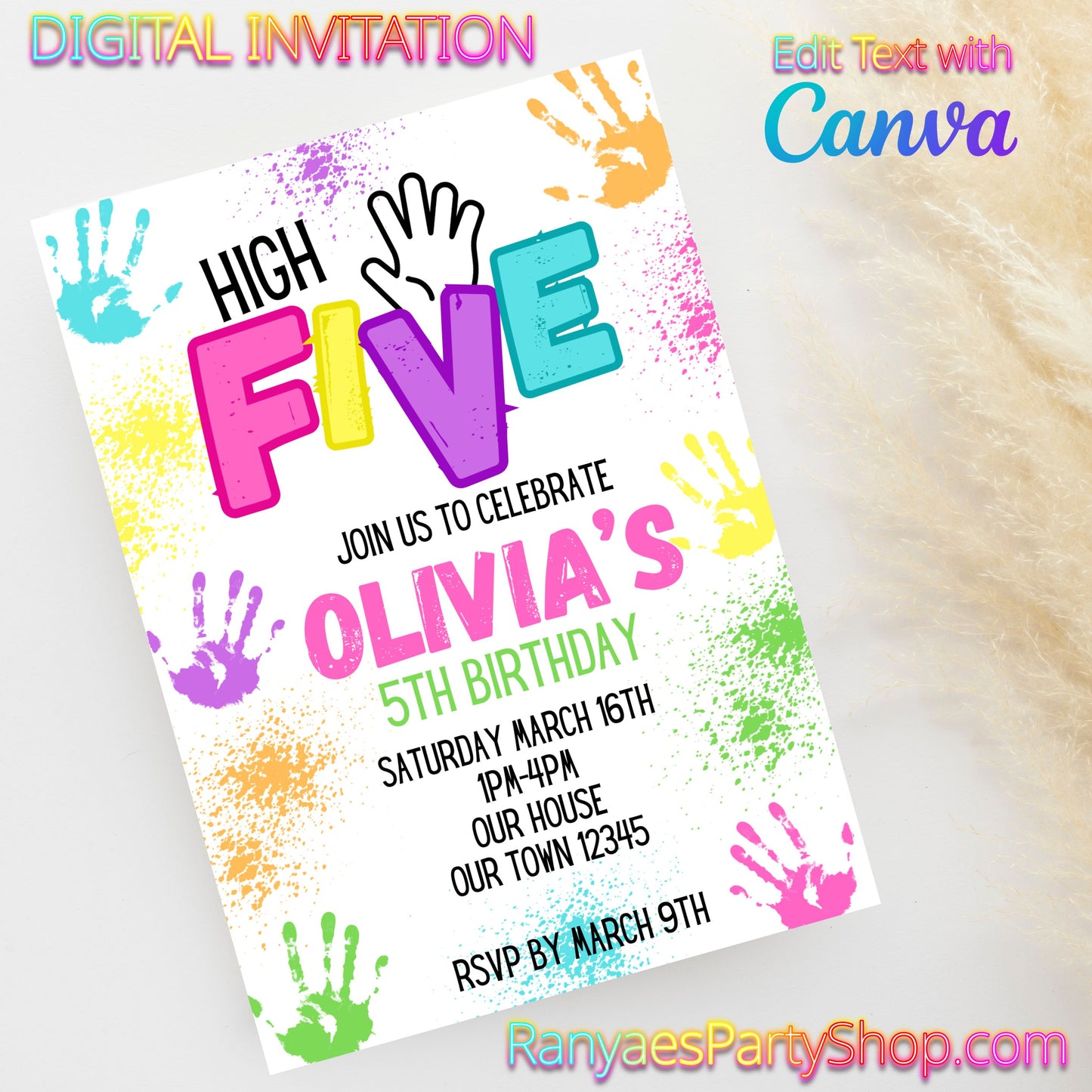 High Five 5x7 Digital Invitation | High 5 Party Invite | Edit Text with Canva | Birthday Party Invitation | Digital File Only