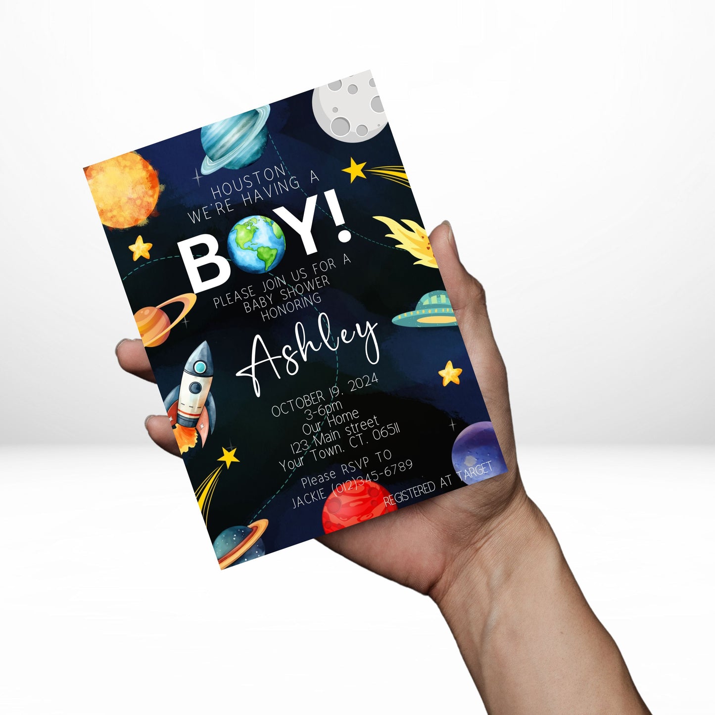 Houston We Have A Boy 5x7 Digital Invitation | Outer Space Baby Shower Invite | Edit Text with Canva| Digital File Only