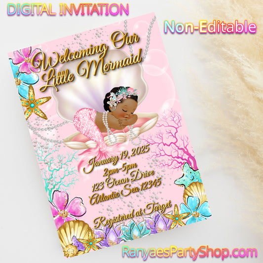 African American Mermaid Baby Shower 5x7 Digital Invitation | Mermaid Baby Shower | Not Editable with Canva | Digital File Only