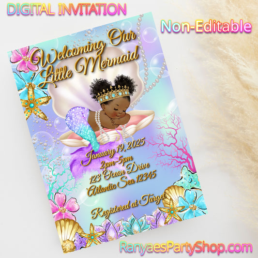 African American Mermaid Baby Shower 5x7 Digital Invitation | Mermaid Baby Shower | Not Editable with Canva | Digital File Only