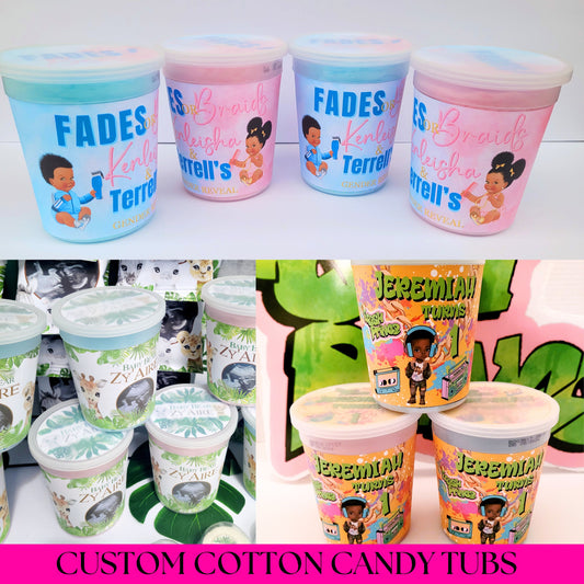 Custom Cotton Candy Tubs | 2oz Cotton Candy Tubs | Custom Party Favors | Cotton Candy Favors | Custom Cotton Candy Favor Tubs