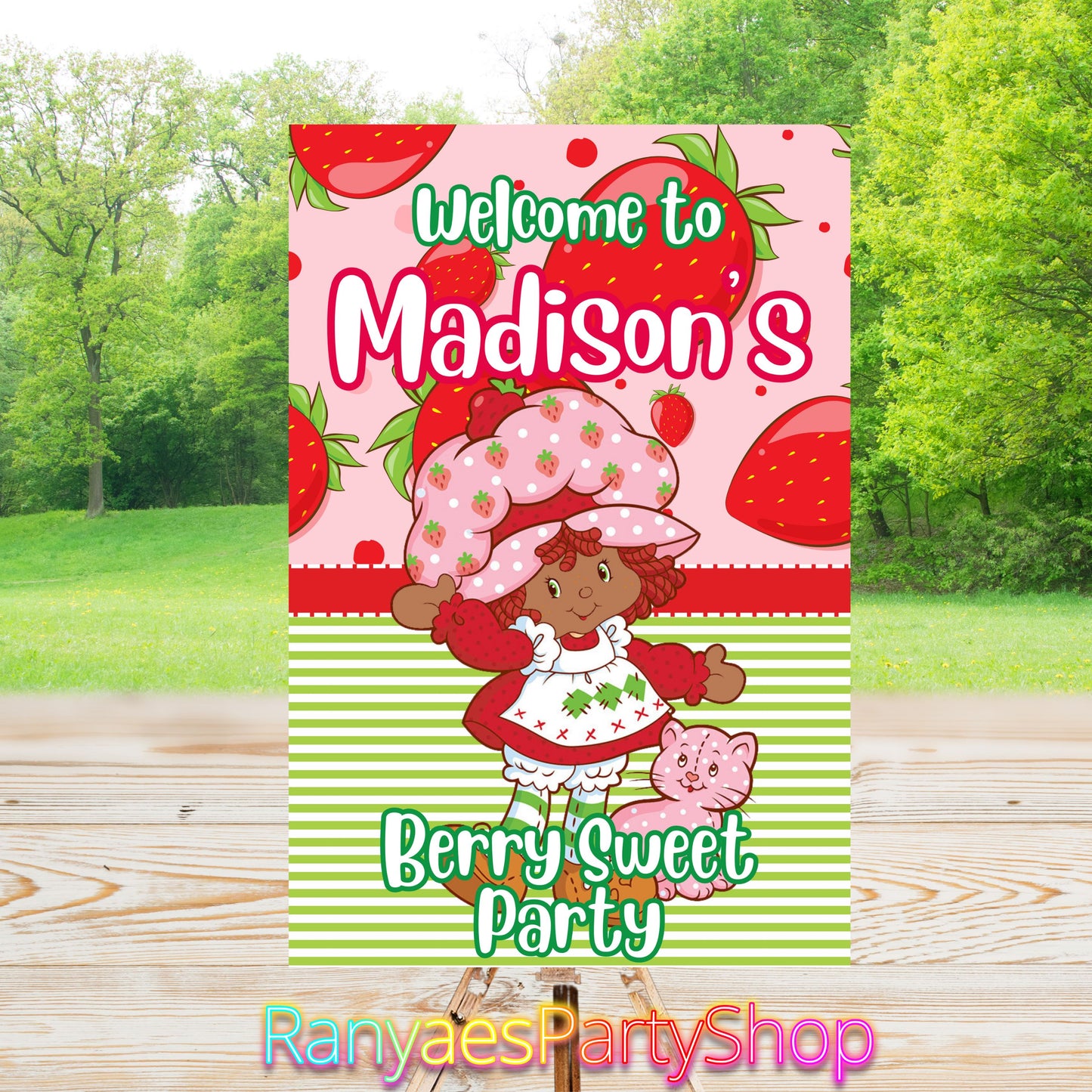 African American Strawberry Shortcake Party Sign | Editable Text with Canva | Digital Poster | Strawberry Shortcake Birthday Party Sign