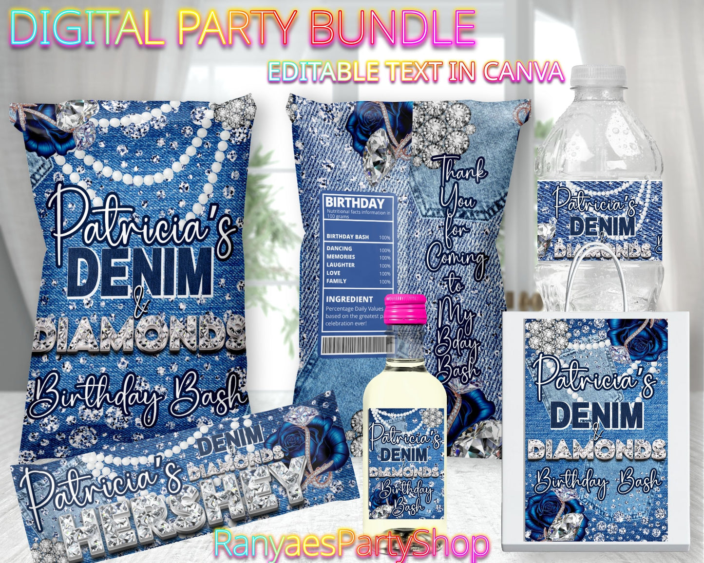 Denim & Diamonds Digital Party Package | Denim & Diamonds Party Bundle | Edit Text with Canva | Digital File Only