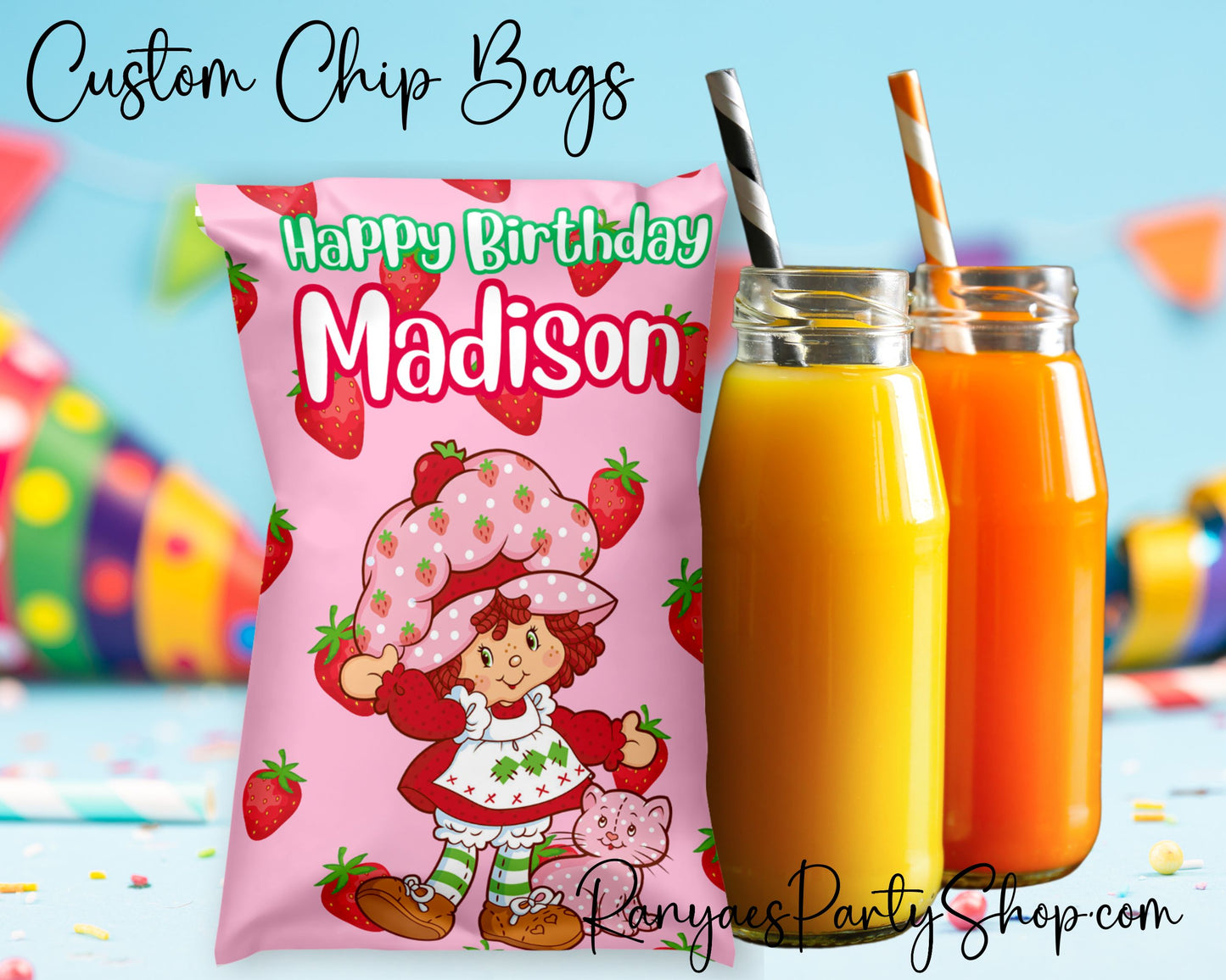 Strawberry Shortcake Chip Bag Favors | Custom Chip Bags | Custom Birthday Chip Bags | Strawberry Shortcake Chip Bags