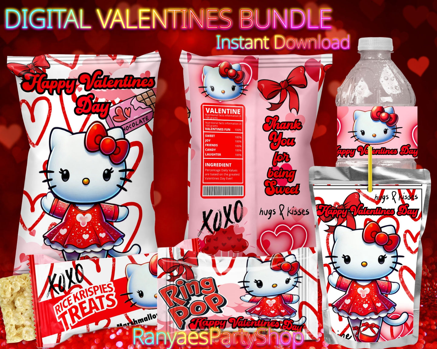 Hello Kitty Valentines Digital Party Package | Hello Kitty Party Bundle | INSTANT DOWNLOAD | Digital File Only