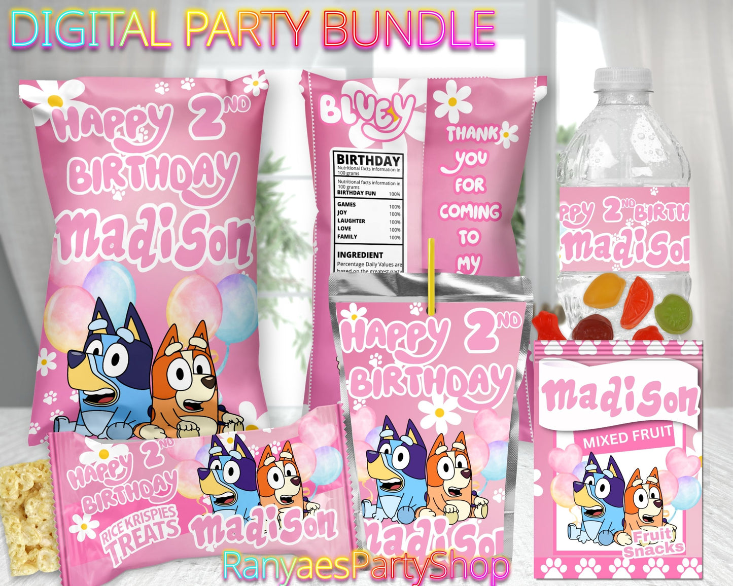 Bluey Pink Digital Party Package | Bluey Pink Party Bundle | Bluey Pink Birthday Party Package | Digital File Only