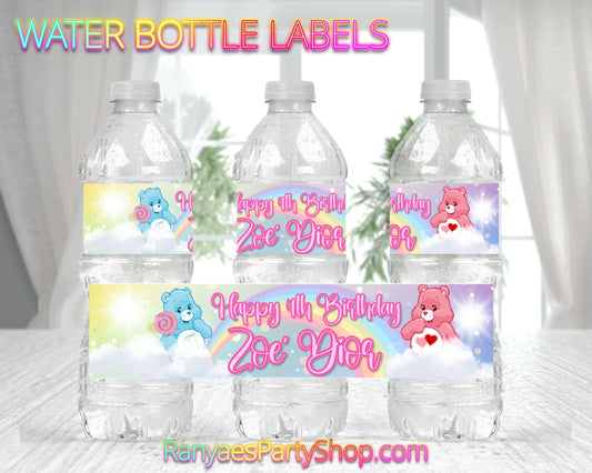 Pastel Care Bears Water Bottle Labels | Custom Water Bottle Labels | Care Bears Party | Care Bears Water Bottle Favors