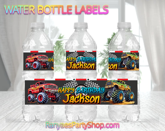 Monster Truck Water Bottle Labels | Custom Water Bottle Labels | Monster Truck Party | Monster Truck Water Bottle Favors